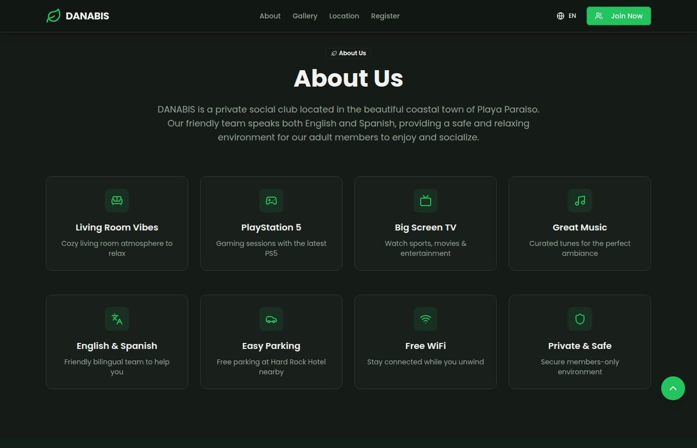 Danabis about section — amenities grid and club features